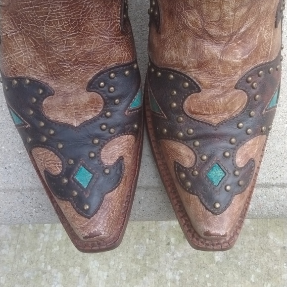 CORRAL AB019 "El Paso" leather snip toe cowgirl boot tan/brown/turquoise sz 9.5 - Picture 3 of 14
